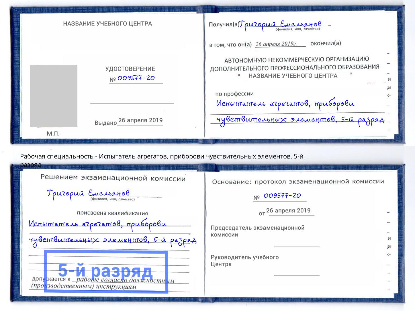 корочка 5-й разряд Испытатель агрегатов, приборови чувствительных элементов Гулькевичи