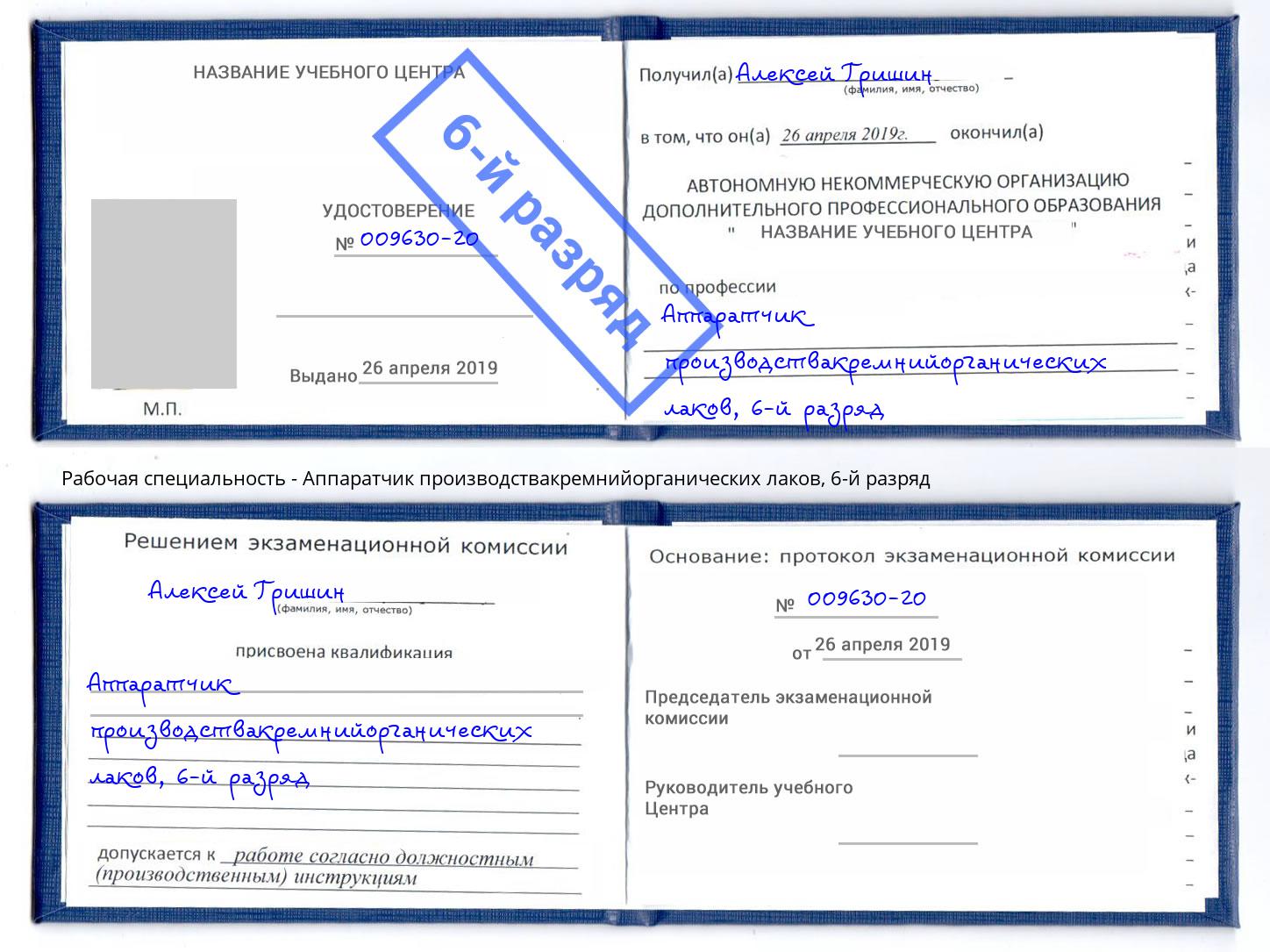 корочка 6-й разряд Аппаратчик производствакремнийорганических лаков Гулькевичи