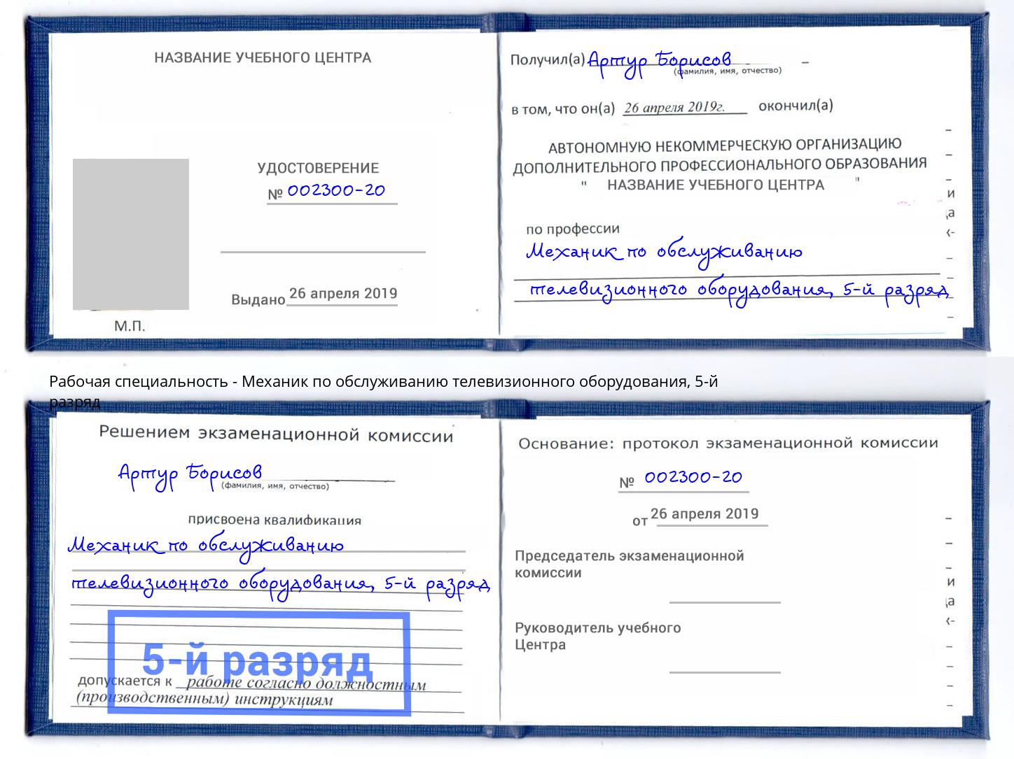 корочка 5-й разряд Механик по обслуживанию телевизионного оборудования Гулькевичи